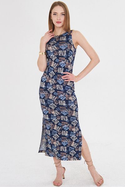 armonika Rochie lungă cu decolteu în formă de O, albastră, fără mâneci, ARM-23Y 001090