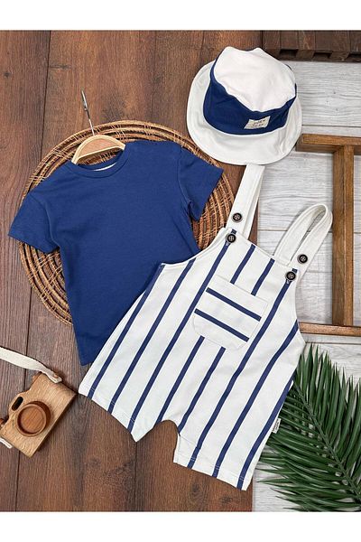 Adda Baby Summer 3-Piece Baby Boy Salopet Jumpsuit Striped Patterned Snap T-Shirt Cotton Baby Boy Set