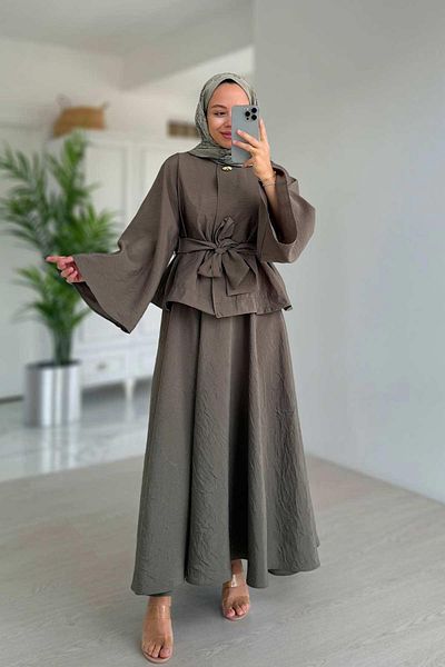 Ka Hijab Spanish Sleeve Belt Detail Skirt Suit - Khaki