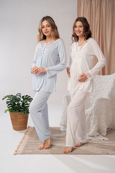 LOHOUSE Set de pijamale pentru maternitate, cu design special, jacquard albastru, pentru femei, cu 3 piese, cu halat