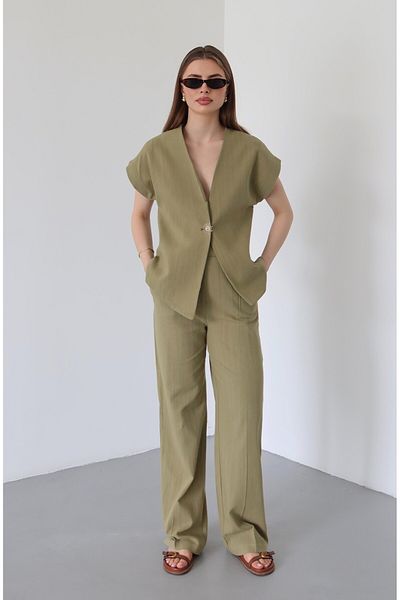 Laluvia Khaki 100% Cotton Sun Button Vest Trousers Suit - 8647