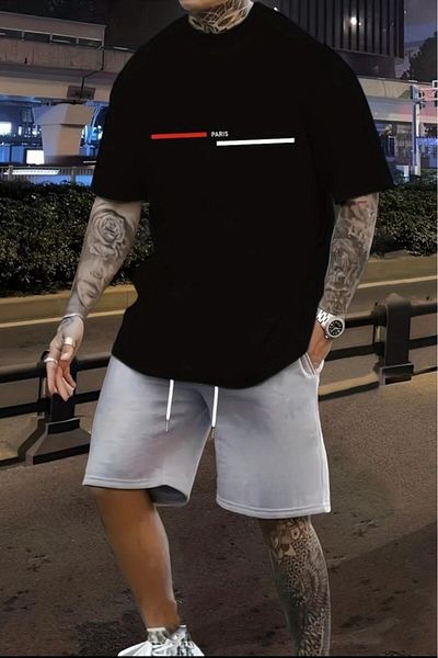 CAST COLLECTİON Men's Black Striped Paris Printed Oversize Tshirt Grimelange Plain Short Set