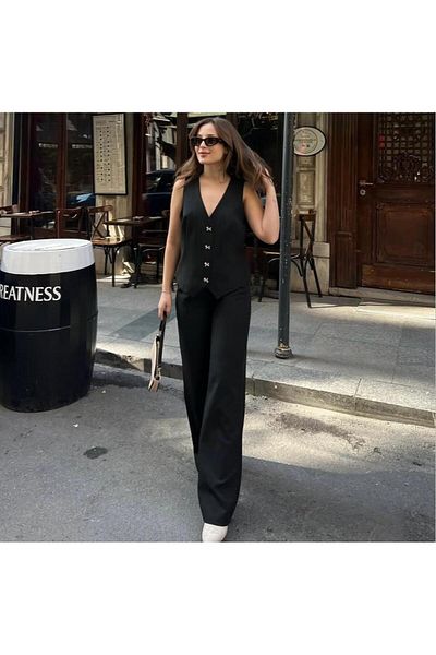 Shield Life Women Black Blazer Vest Palazzo Pants Suit Bottom-Top Gold Button Detail Premium Set Suit