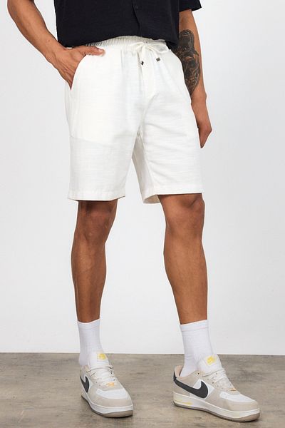 MADZEYMODA Ανδρικό λευκό λινό σορτς με ελαστική μέση LS-93099