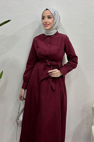 Tesettür Diyarı Belted Hijab Dress Claret Red