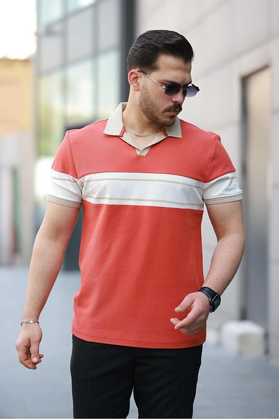 Miron Orange White Two Color Polo Neck Short Sleeve T-Shirt-2514