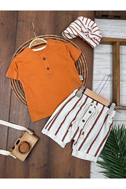 Bolly Baby Erkek Bebek Takım Yaz Kombini Çizgili Şort ve Şapkalı Düz Tişört O...