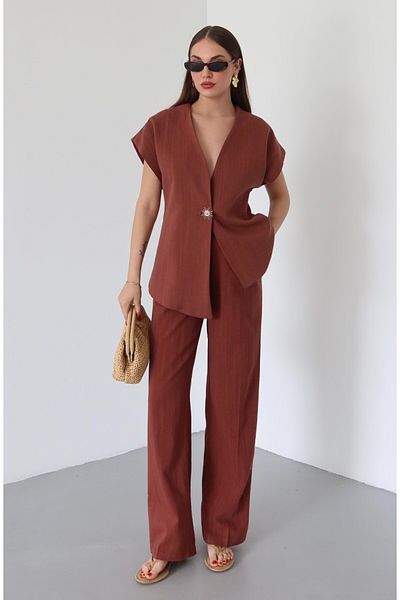 Laluvia Tile Cotton Sun Button Vest Pants Suit 8647
