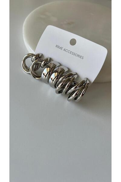 rimeaccessories 3'lü Büyük Çelik Silver Küpe Seti