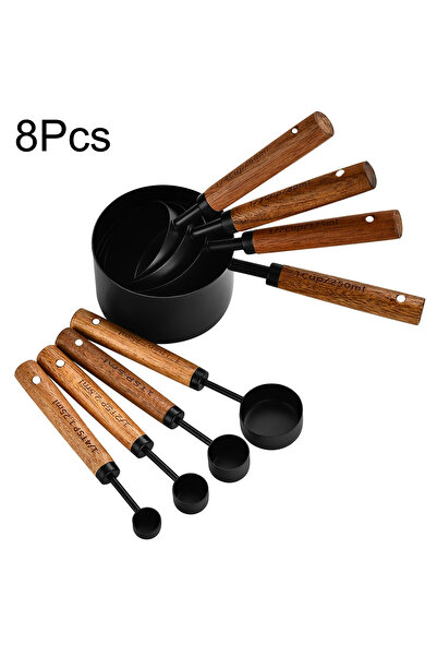 Choice 8 قطع سوداء 4/8 قطع بمقبض خشبي من الفولاذ المقاوم للصدأ أكواب قياس وملاعق أدوات خبز قياس القهوة