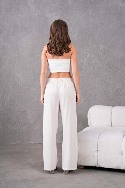 MVStore Women's Elastic Waist Wide Leg Comfortable Fit Linen Trousers