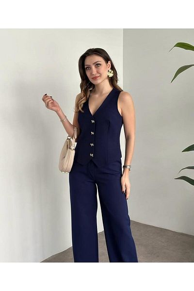 Shield Life Navy Blue Women's Double Suit Gold Button Detailed Pipe Leg Blazer Vest Pants Suit