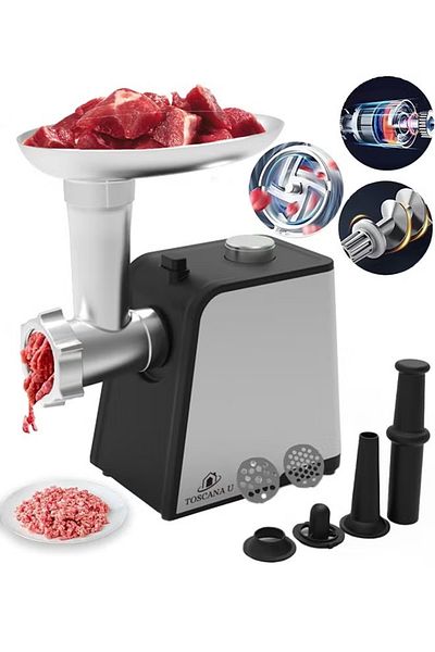 TOSCANA U 2 in 1 Set of 1700W Steel Electric Meat Grinder and 1800W Electric Arabic Bread and Pizza Maker