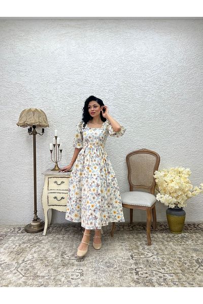 KÜÇÜĞÜM BUTİK Brown Azalea Flower Square Neck Flared Dress