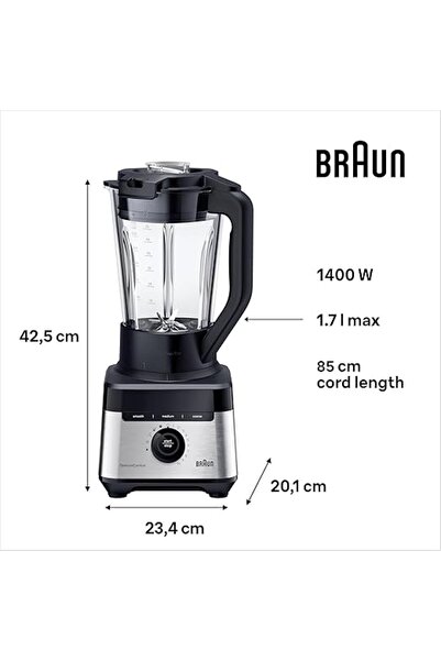 Braun خلاط باور 7، 1400 واط، 10 سرعات، 9 برامج طعام، برنامج العصائر، سعة 1.7 لتر، 10 سرعات