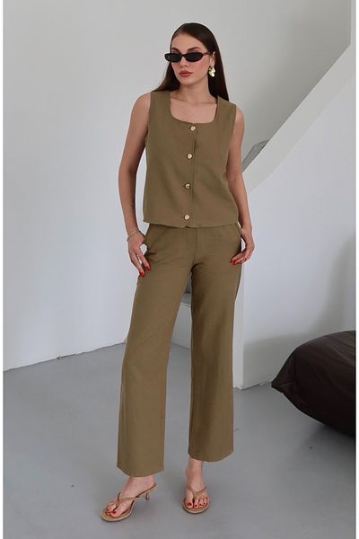Laluvia Khaki Gold Button Vest Trousers Suit - 7134