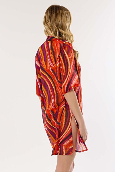 AYYILDIZ Ayyıldız 4805 Orange Purple Patterned Beach Dress