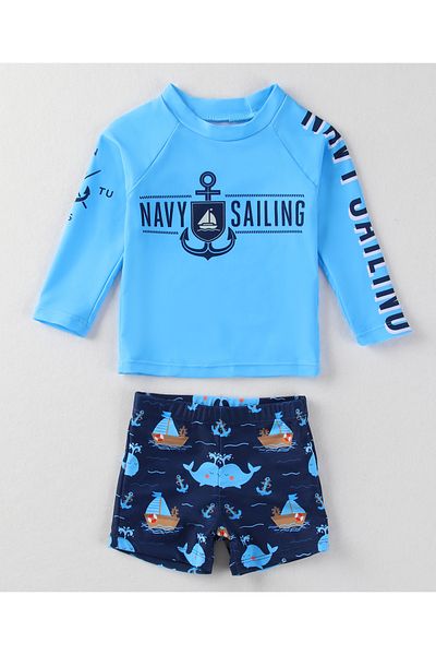 SAPS SAPS Sailing Theme Print Quick Drying Full Sleeves Sun Top & Swim Shorts Set - Blue