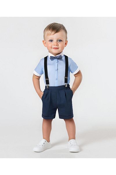 Mark & Mia Mark & Mia Short Sleeves Solid Party Suit with Suspenders & Bow - Blue