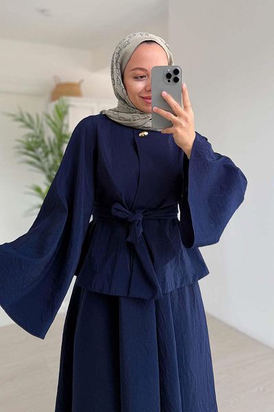 Ka Hijab Spanish Sleeve Belt Detail Skirt Suit - Navy Blue