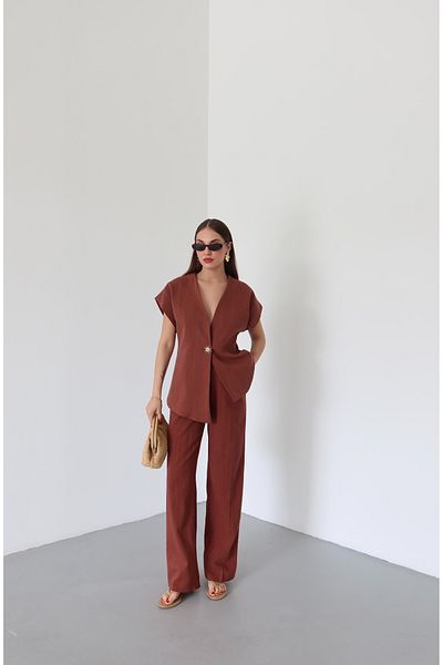 Laluvia Tile Cotton Sun Button Vest Pants Suit 8647