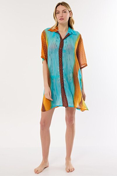 AYYILDIZ 4805 Brown Blue Patterned Beach Dress