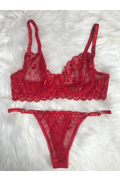 Masal Lingerie Дамски комплект от червен дантелен сутиен без чашки и бикини