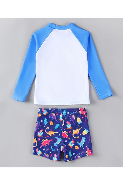 SAPS SAPS Dinosaur Printed Quick Drying Full Raglan Sleeves Sun Top & Swim Shorts Set - Blue & White