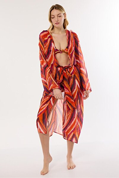 AYYILDIZ 4809 Orange Purple Patterned Beach Dress