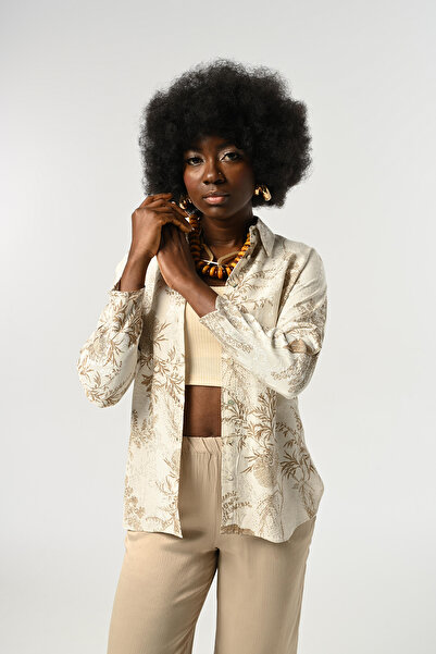 Orfeo Negro Women's Leaf Patterned Cream Color Shirt