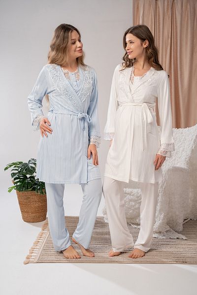 LOHOUSE Set de pijamale pentru maternitate, cu design special, jacquard albastru, pentru femei, cu 3 piese, cu halat
