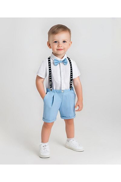 Mark & Mia Mark & Mia Party Suit with Bow and Suspenders - White & Blue