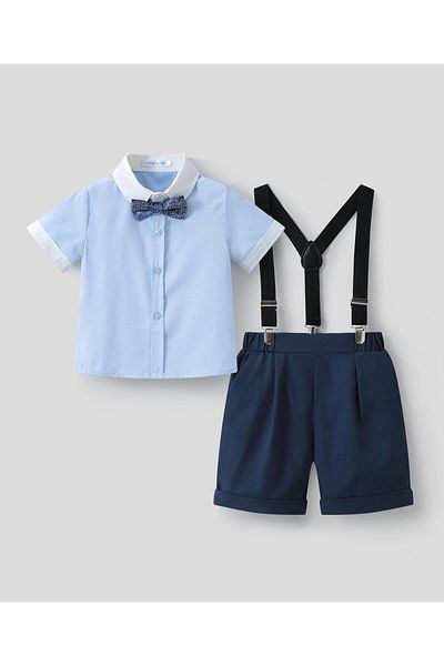 Mark & Mia Mark & Mia Short Sleeves Solid Party Suit with Suspenders & Bow - Blue