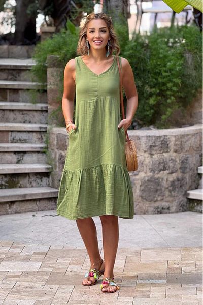 Nevin Kaya Moda Φόρεμα μουσελίνας με πράσινο λουράκι