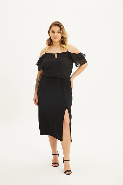 MYLİNE Fusta midi cu nasturi cu talie elastica