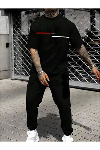CAST COLLECTİON Men's Black Striped Paris Printed Oversize Tshirt Black Summer Sweatpants Set