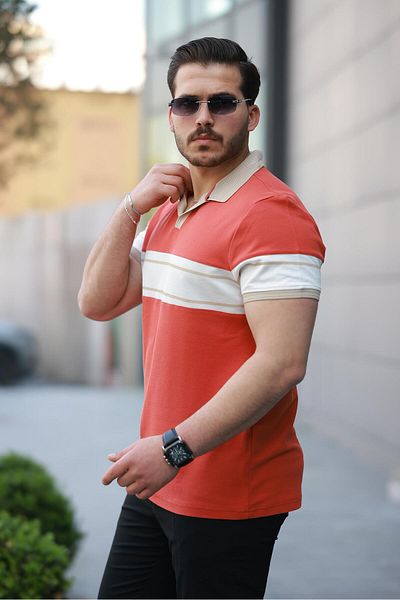 Miron Orange White Two Color Polo Neck Short Sleeve T-Shirt-2514