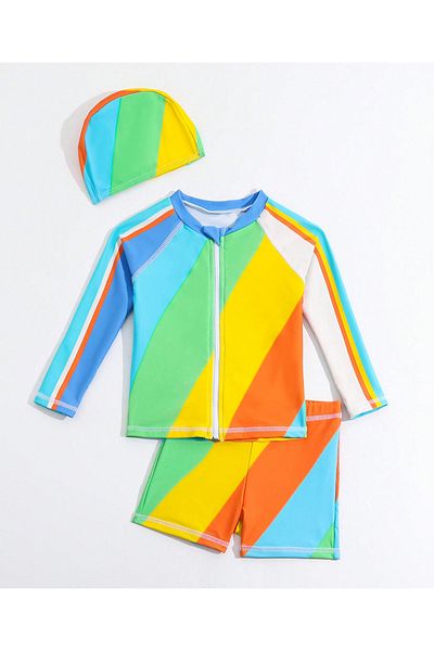 SAPS SAPS Striped Quick Drying Zip Through Full Sleeves Sun Top & Swim Shorts Set - Multicolor