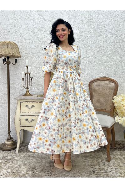 KÜÇÜĞÜM BUTİK Brown Azalea Flower Square Neck Flared Dress
