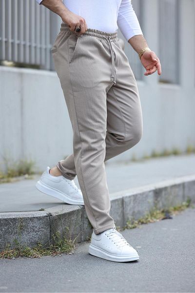 Miron Beige Elastic Waist Modern Fit Men's Jogger Trousers-2513