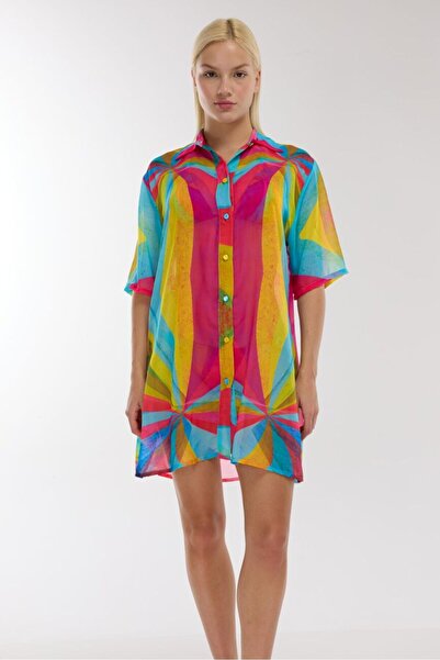 AYYILDIZ Ayyıldız 4805 Blue Fuchsia Patterned Beach Dress
