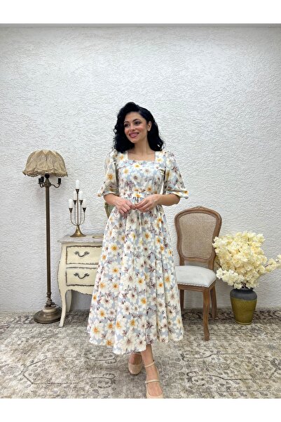 KÜÇÜĞÜM BUTİK Kahve Açelya Çiçeği Kare Yaka Kloş Elbise