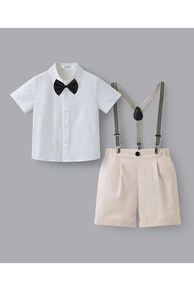 Mark & Mia Mark & Mia Party Suit With Bow & Striped Suspender - White & Cream