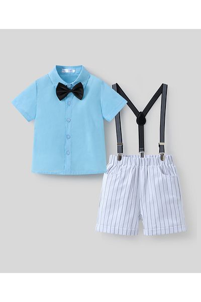Mark & Mia Mark & Mia 100% Cotton Short Sleeves Striped Party Suit with Suspenders & Bow - Blue