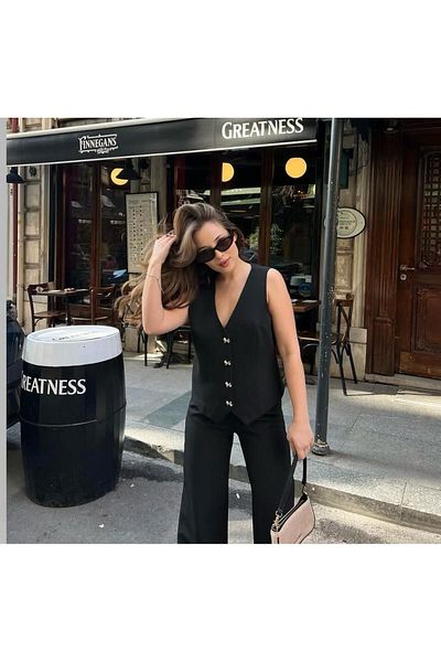 Shield Life Women Black Blazer Vest Palazzo Pants Suit Bottom-Top Gold Button Detail Premium Set Suit