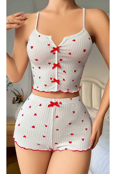 Olivia Carmen Women's Red Heart Bow Bottom Top Shorts Nightgown Pajama Set