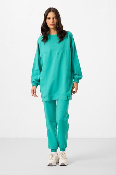 TOMMY LIFE Sea Green O Neck Basic Oversize Women's Tracksuit Tunic Set - 95347