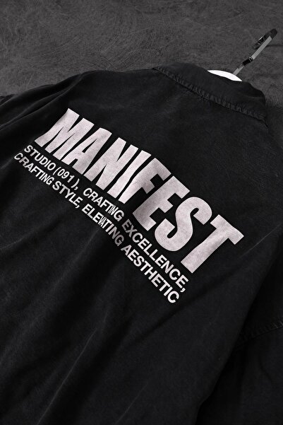 Slatra Men's Black Manifest Embossed Print Oversize Short Sleeve Shirt