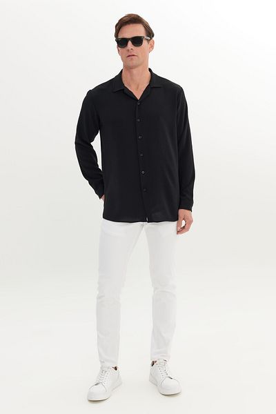 AC&Co / Altınyıldız Classics Ανδρικό μαύρο πουκάμισο Comfort Fit Relaxed Cut Hawaiian Collar Jacquard