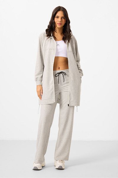 TOMMY LIFE Gray Melange Stand Collar Zippered Cotton Women's Tracksuit Tunic Set - 95346